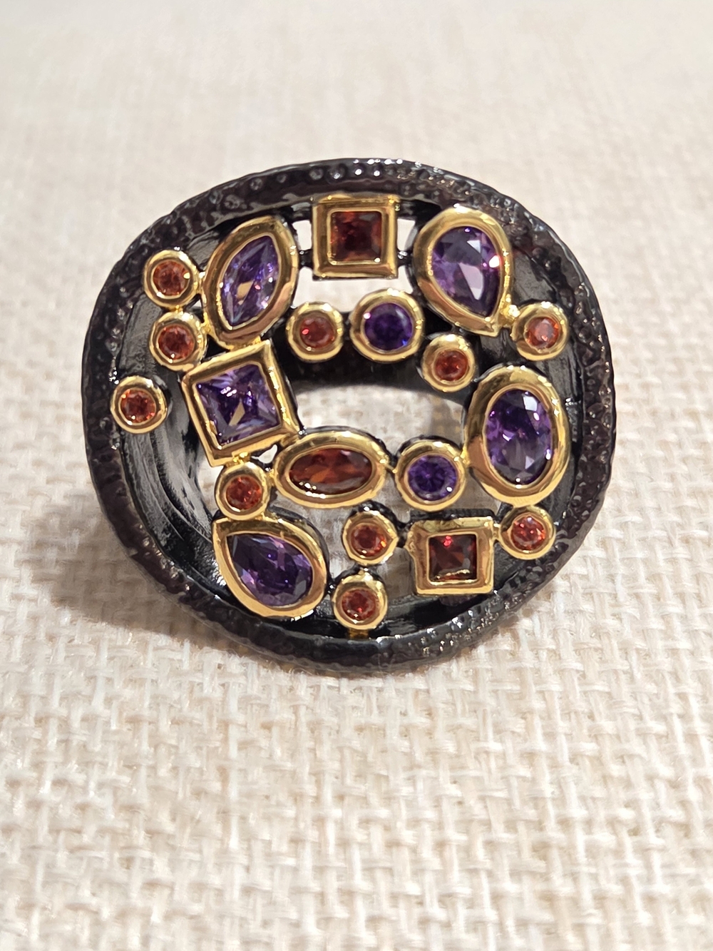 Gold-Tone Multistone Cocktail Ring with Purple and Red Gem Accents~ Size 9